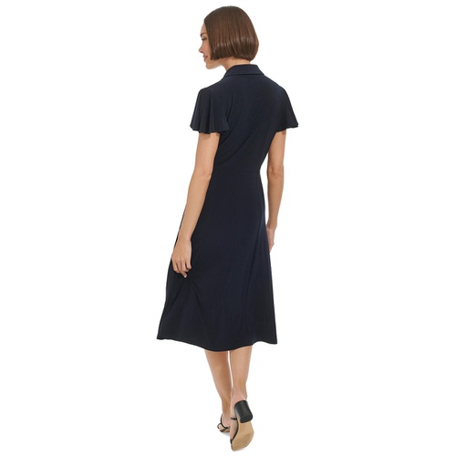 타미힐피거 Womens Button-Front Tie-Waist Flutter-Sleeve Dress