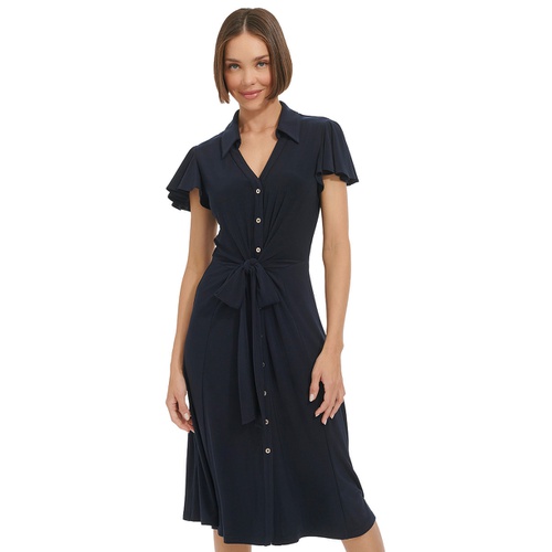 타미힐피거 Womens Button-Front Tie-Waist Flutter-Sleeve Dress