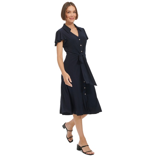 타미힐피거 Womens Button-Front Tie-Waist Flutter-Sleeve Dress