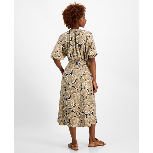 타미힐피거 Womens Printed Split-Neck Puff-Sleeve Dress