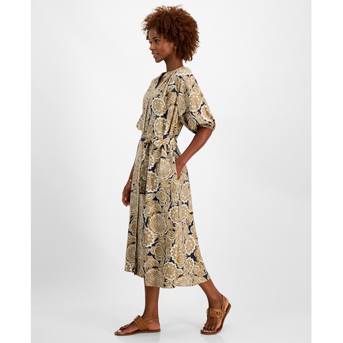 타미힐피거 Womens Printed Split-Neck Puff-Sleeve Dress