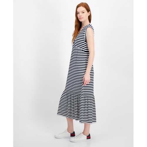 타미힐피거 Womens Striped Tiered Sleeveless Midi Dress