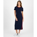 Womens Contrast-Stripe Ribbed Knit Midi Dress