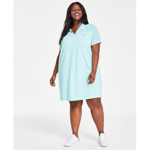 타미힐피거 Plus Size Mesh-Trim Johnny-Collar Dress