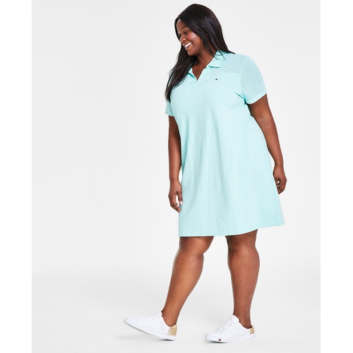 타미힐피거 Plus Size Mesh-Trim Johnny-Collar Dress