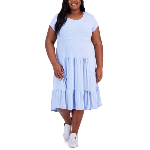 타미힐피거 Plus Size Solid Crewneck Tiered Midi Dress