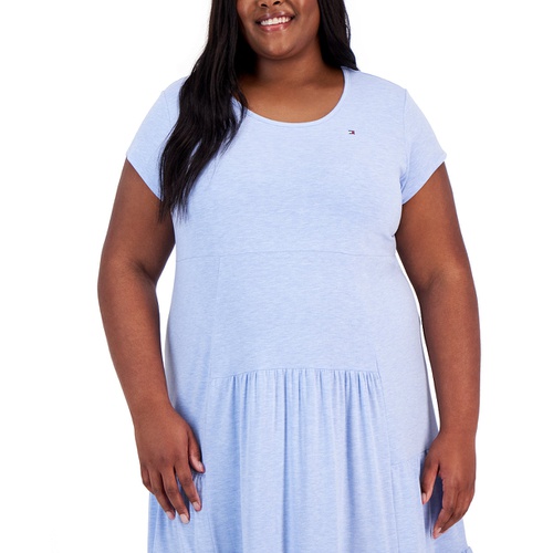 타미힐피거 Plus Size Solid Crewneck Tiered Midi Dress