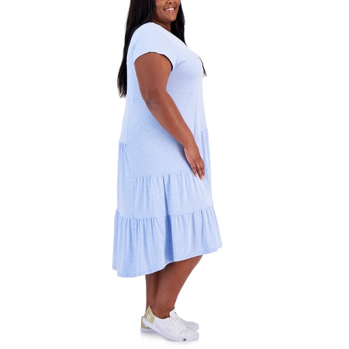 타미힐피거 Plus Size Solid Crewneck Tiered Midi Dress