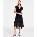 Womens V-Neck How-Low Hem Chiffon-Trim Dress