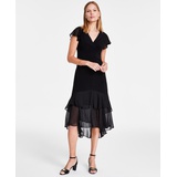 Womens V-Neck How-Low Hem Chiffon-Trim Dress