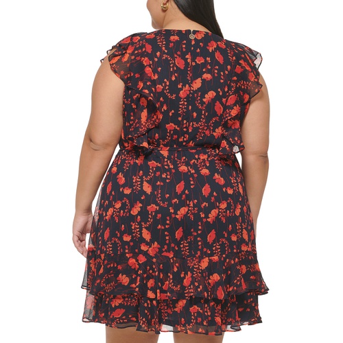 타미힐피거 Plus Size Ruffled Floral Chiffon Dress