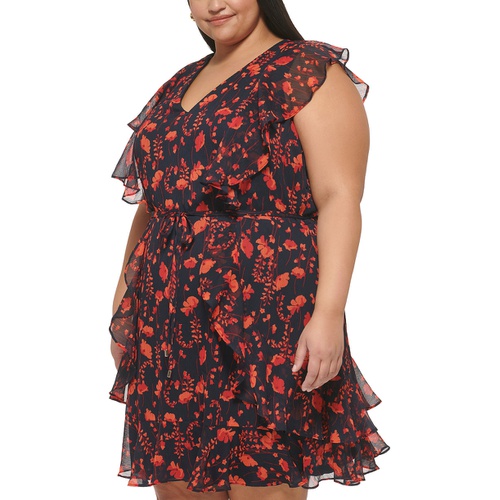 타미힐피거 Plus Size Ruffled Floral Chiffon Dress