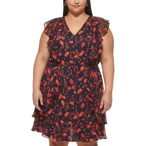 타미힐피거 Plus Size Ruffled Floral Chiffon Dress