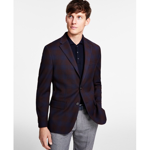 타미힐피거 Mens Modern-Fit Burgundy Plaid Sport Coat