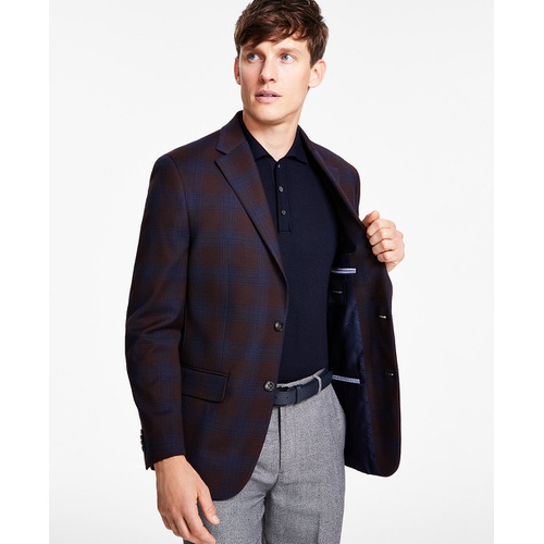 타미힐피거 Mens Modern-Fit Burgundy Plaid Sport Coat