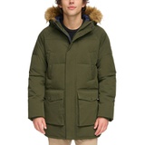 Mens Long Quilted Parka with Removable Faux-Fur Trim