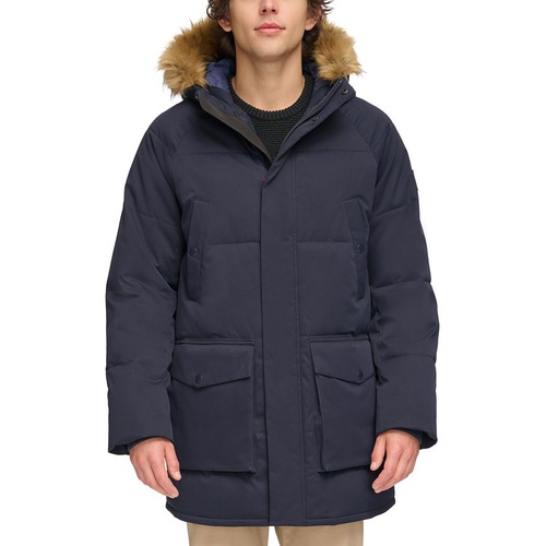 타미힐피거 Mens Long Quilted Parka with Removable Faux-Fur Trim