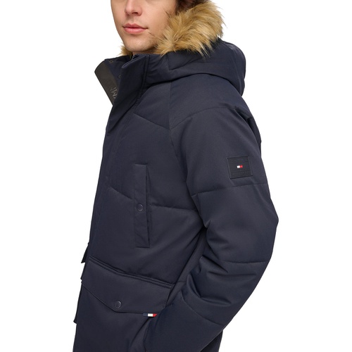 타미힐피거 Mens Long Quilted Parka with Removable Faux-Fur Trim