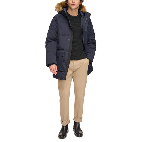 타미힐피거 Mens Long Quilted Parka with Removable Faux-Fur Trim