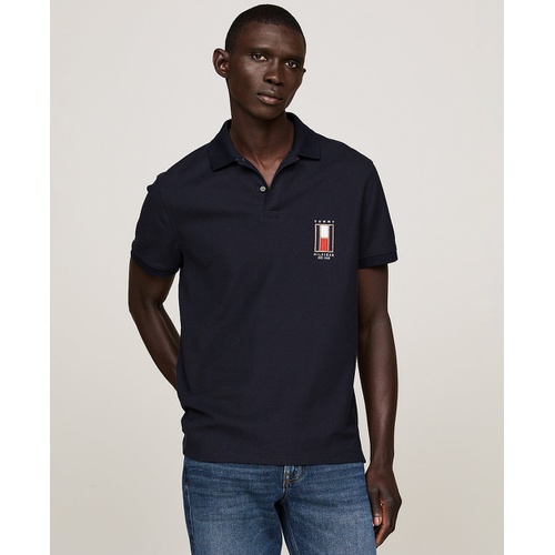 타미힐피거 Mens Short Sleeve Textured Vertical Flag Polo Shirt