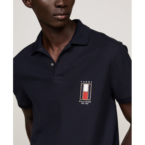 타미힐피거 Mens Short Sleeve Textured Vertical Flag Polo Shirt