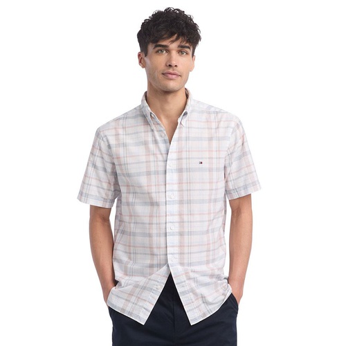 타미힐피거 Mens Plaid Short Sleeve Button-Down Shirt