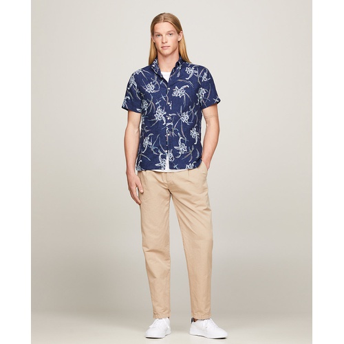 타미힐피거 Mens Short Sleeve Tropical Print Button-Down Shirt