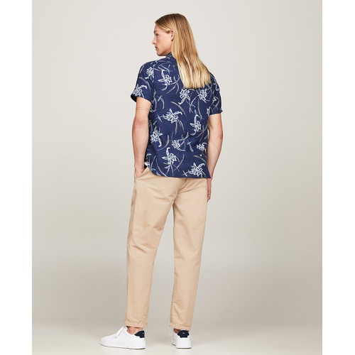 타미힐피거 Mens Short Sleeve Tropical Print Button-Down Shirt