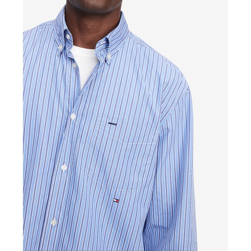 타미힐피거 Mens Classic Fit Long-Sleeve Button-Down Striped Poplin Shirt