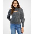 Womens Cable Knit Keyhole Mock Neck Sweater