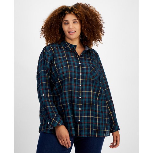 타미힐피거 Plus Size Plaid Button Front Shirt