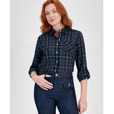 Womens Plaid Roll Tab Sleeve Button Down Shirt