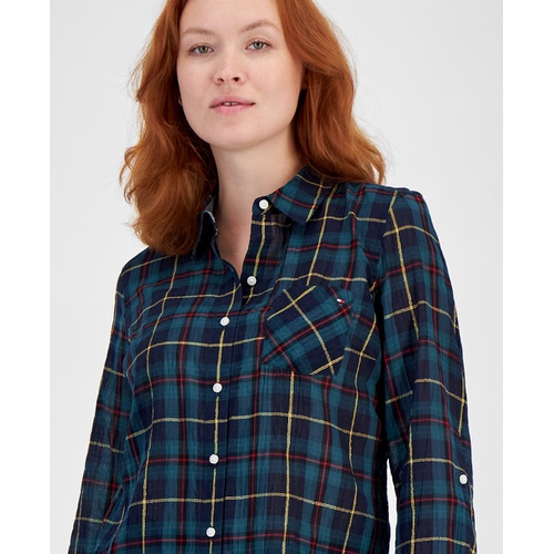 타미힐피거 Womens Plaid Roll Tab Sleeve Button Down Shirt