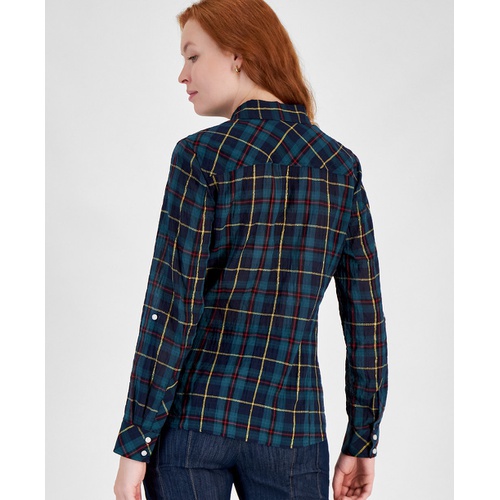 타미힐피거 Womens Plaid Roll Tab Sleeve Button Down Shirt