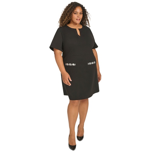 타미힐피거 Plus Size Split-Neck Beaded-Pocket Dress