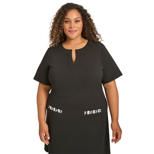 타미힐피거 Plus Size Split-Neck Beaded-Pocket Dress