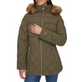 Womens Bibbed Faux-Fur-Trim Hooded Puffer Coat