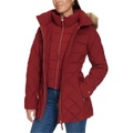 Womens Bibbed Faux-Fur-Trim Hooded Puffer Coat