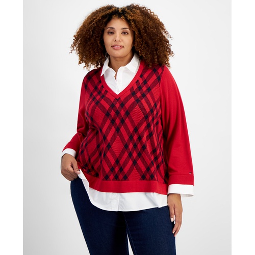 타미힐피거 Plus Size Diamond Argyle 2fer Sweater