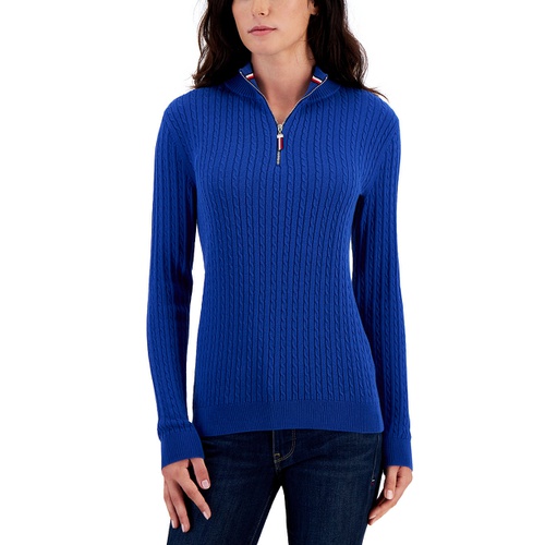 타미힐피거 Womens Cotton Quarter-Zip Cable-Knit Sweater