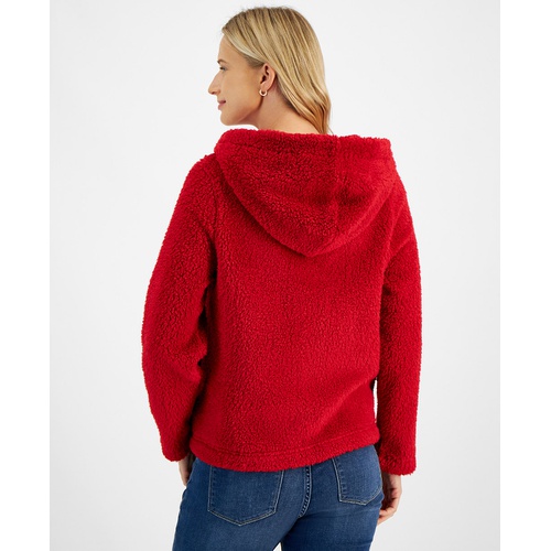 타미힐피거 Womens Sherpa Zip-Front Hooded Sweater