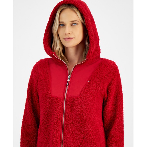 타미힐피거 Womens Sherpa Zip-Front Hooded Sweater