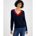 Womens Contrast Stripe V-Neck Cable Knit Sweater