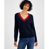 Womens Contrast Stripe V Neck Cable Knit Sweater