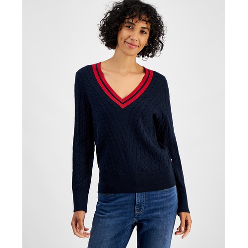 타미힐피거 Womens Contrast Stripe V Neck Cable Knit Sweater