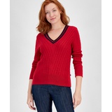 Womens Contrast Stripe V Neck Cable Knit Sweater