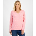 Womens Heart Print V-Neck Long-Sleeve Cotton Sweater