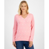 Womens Heart Print V Neck Long Sleeve Cotton Sweater