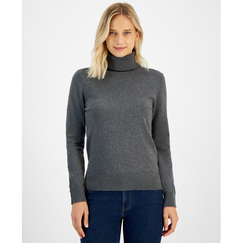 타미힐피거 Womens Cotton Solid Button Cuff Turtleneck Sweater