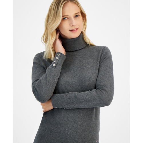 타미힐피거 Womens Cotton Solid Button Cuff Turtleneck Sweater